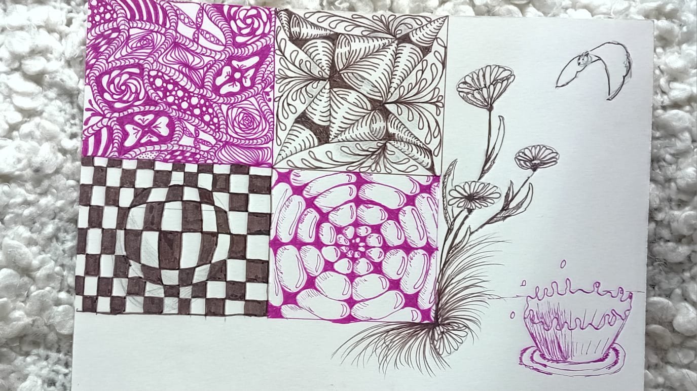 Zentangle voorbeeld met diverse patronen